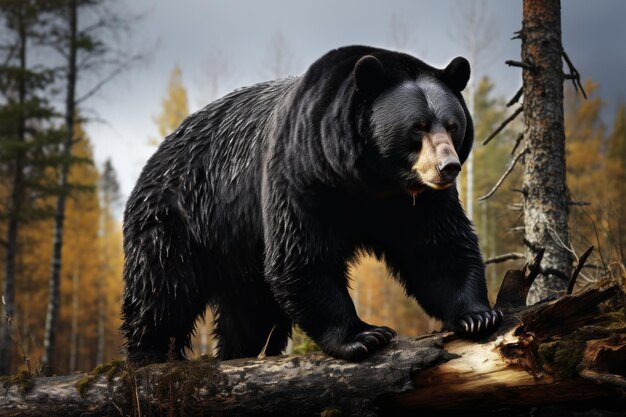 vue latérale d'une photo d'ours noir hyper réaliste sur un fond d'habitat naturel