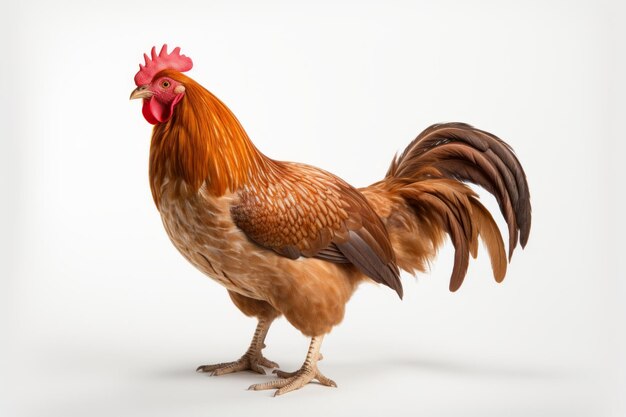 vue latérale d'une photographie d'un coq hyper réaliste sur un fond blanc