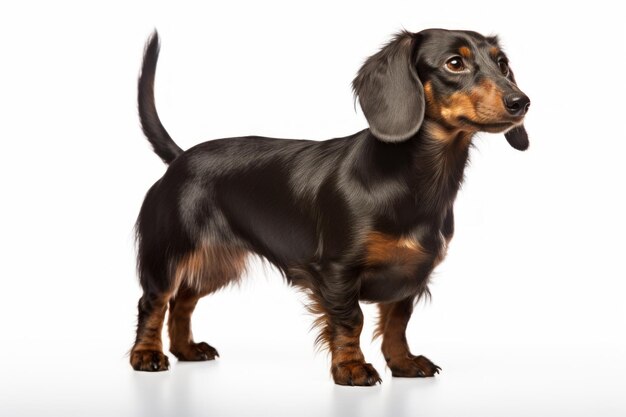 Photo vue latérale d'une photographie hyper réaliste de daschund sur un fond blanc