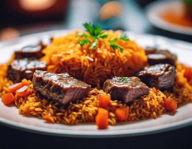 Vue latérale pilaf avec viande de bœuf ragoûtée sur une assiette éclairage lumineux détaillé