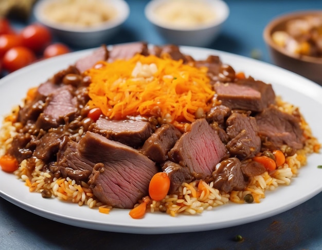 Vue latérale pilaf avec viande de bœuf ragoûtée sur une assiette éclairage lumineux détaillé