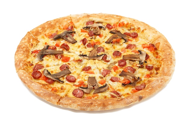 Vue latérale sur la pizza italienne avec macaroni boeuf concombres marinés et sauce isolé sur fond blanc