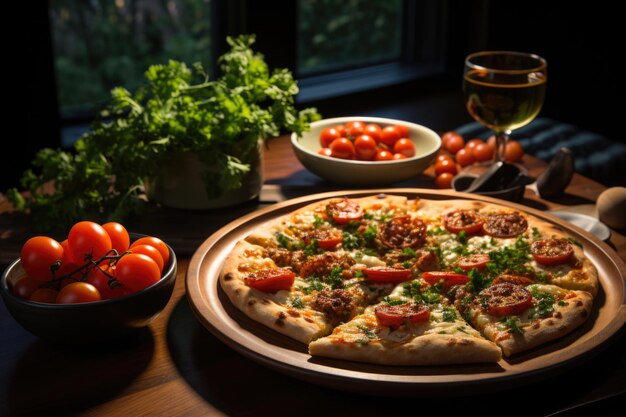 Photo vue latérale de la pizza sur la plaque en bois un verre de vin blanc une tranche de pain et un ia génératif