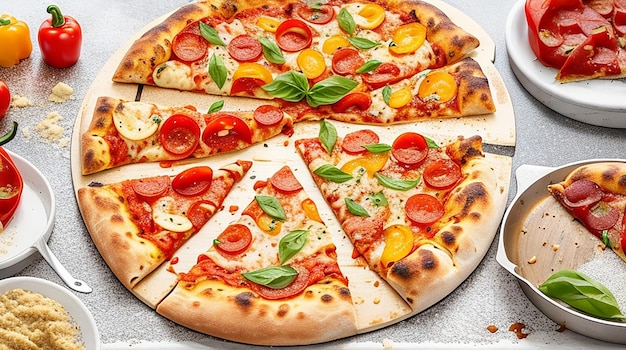Vue latérale pizza avec des tranches de poivron et des tranches de pizza et de la farine dans des ustensiles de cuisine à bord