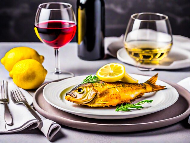 Photo vue latérale poisson frit avec un verre de vin et de citron et des serviettes dans une assiette blanche
