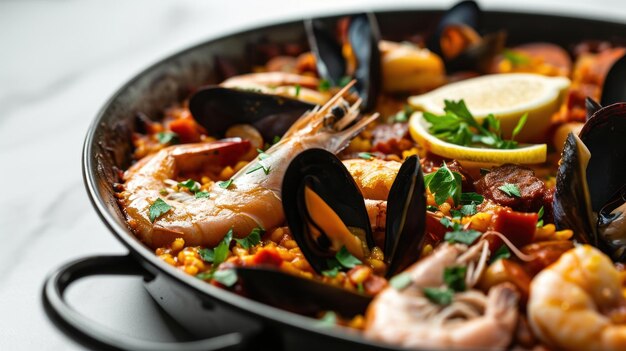 Vue latérale d'un poisson et d'une paella chorizo sur un fond blanc