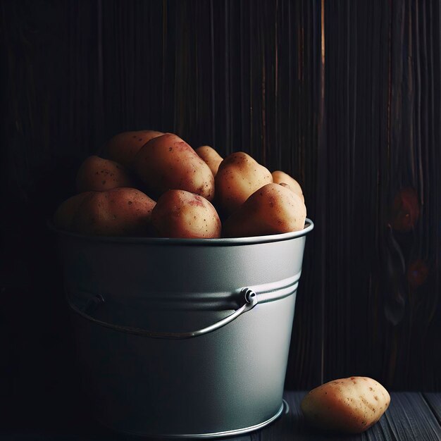 Vue latérale des pommes de terre dans un seau gris sur fond de bois foncé horizontal