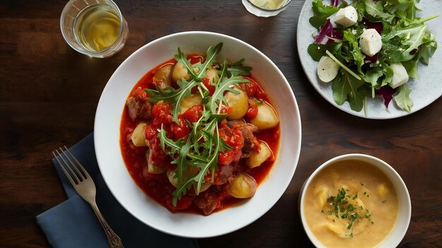 Vue latérale des pommes de terre avec de la viande dans de la sauce tomate avec de l'arugula et de la salade grecque et de la soupe sur la table