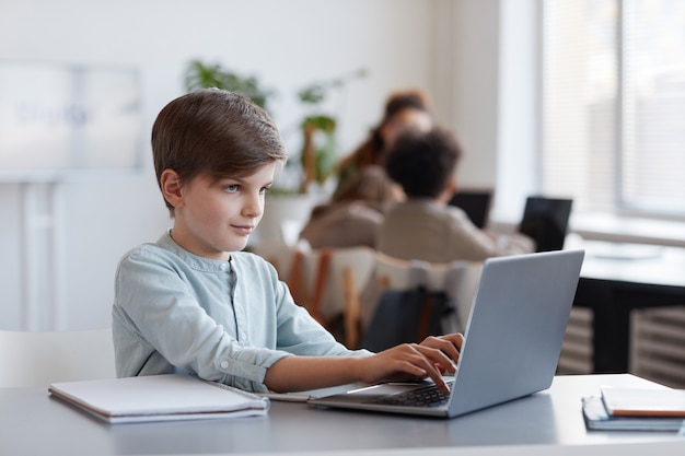 Vue latérale portrait d'un jeune écolier utilisant un ordinateur portable pendant le cours d'informatique