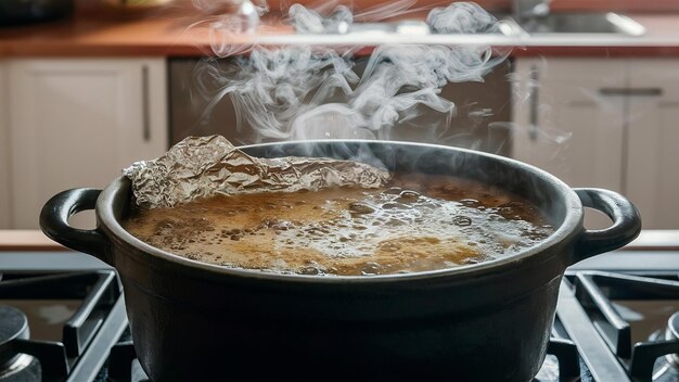 Vue latérale pot profond avec de l'eau bouillante et de l'huile et du papier d'aluminium dans le poêle