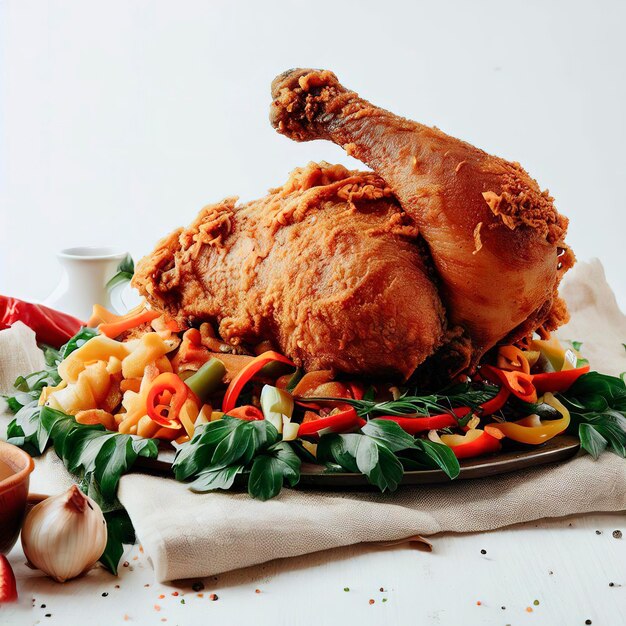 Vue latérale ragoût de poulet pilon de poulet frit avec oignon poivron et verts sur la table sur fond blanc