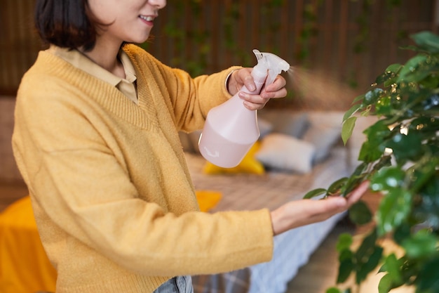 Vue latérale recadrée d'une jeune femme asiatique arrosant des plantes dans un espace de copie intérieur confortable