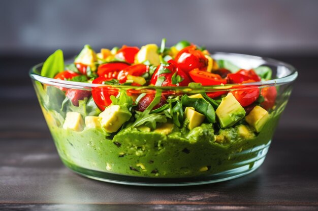 Vue latérale de la salade d'avocat aux jalapenos dans un bol en verre