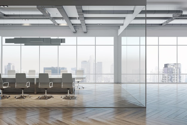 Vue latérale sur la salle de conférence moderne avec table blanche derrière des cloisons en verre dans un bureau spacieux à l'étage supérieur du centre d'affaires moderne avec vue sur la ville depuis la fenêtre panoramique rendu 3D