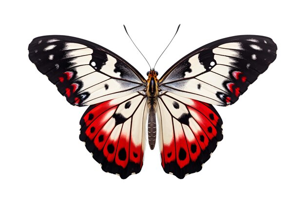 une vue latérale d'un seul beau papillon volant sur un fond blanc uni