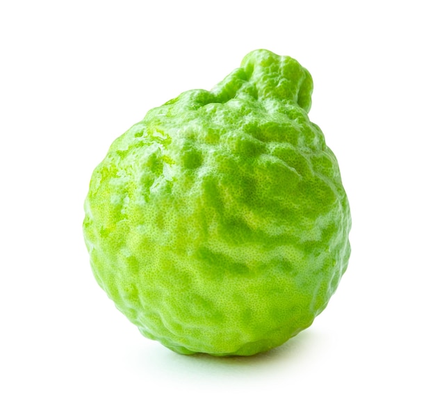 Vue latérale d'un seul fruit de bergamot frais ou de lime kaffir isolé sur fond blanc
