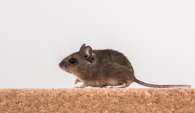 Photo vue latérale d'une souris en bois, apodemus sylvaticus, assis sur une brique de liège