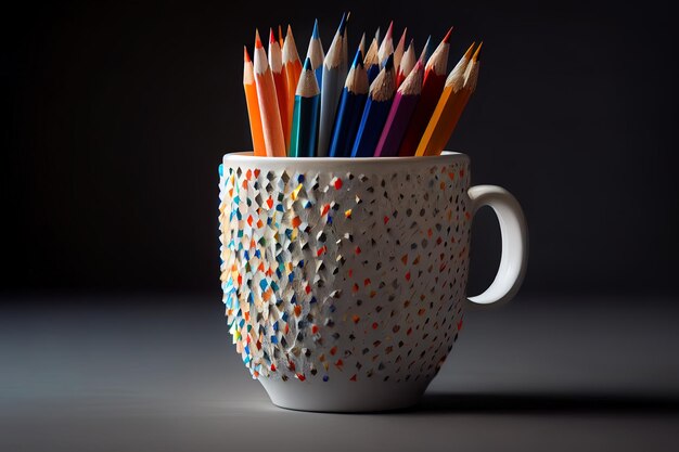 Vue latérale d'un tas de crayons de couleur dans une tasse blanche sur l'IA générative sombre