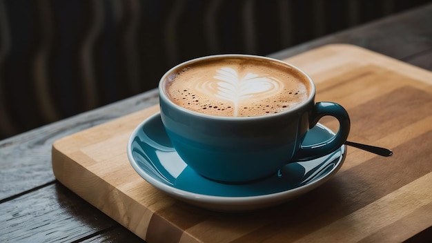 Vue latérale d'une tasse de café sur une planche à couper en bois