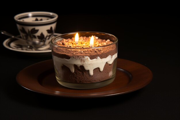 Photo vue latérale tiramisu au chocolat avec une tasse de thé et une bougie et une assiette blanche dans des serviettes