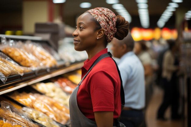 Photo vue latérale de la vendeuse en tablier jeune femme africaine positive sur le fond du département de boulangerie du magasin