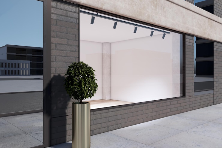 Photo vue latérale d'une vitrine moderne propre avec une maquette blanche pour votre publicité et votre plante décorative affichage de la boutique et du concept de vente au détail rendering 3d