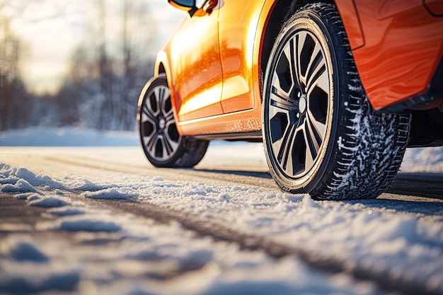 Vue latérale sur une voiture orange avec pneu d'hiver sur une route enneigée