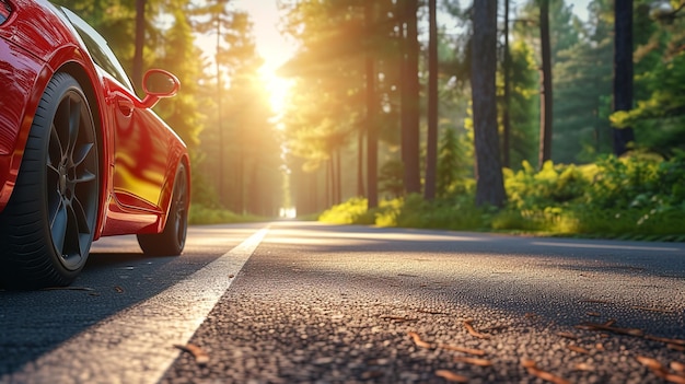 Vue latérale d'une voiture de sport rouge sur une route d'été parmi les bois avec une IA générative spatiale