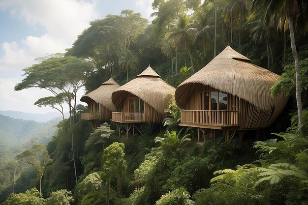 Vue latérale vue magnifique du paysage Vue des capsules de la forêt tropicale inspirées par des pailles au milieu de la jungle tropicale