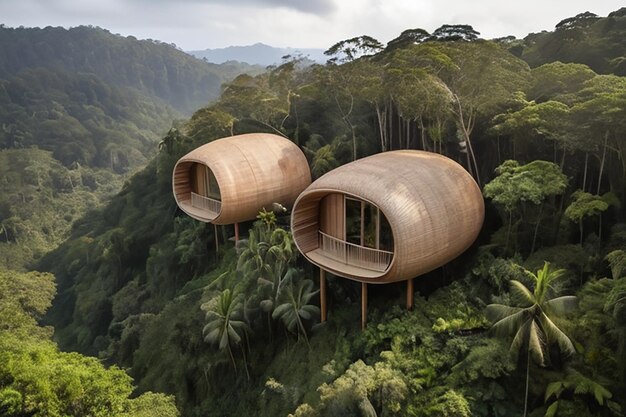 Vue latérale vue magnifique du paysage Vue des capsules de la forêt tropicale inspirées par des pailles au milieu de la jungle tropicale