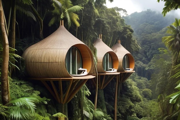 Vue latérale vue magnifique du paysage Vue des capsules de la forêt tropicale inspirées par des pailles au milieu de la jungle tropicale