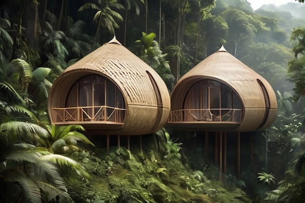 Vue latérale vue magnifique du paysage Vue des capsules de la forêt tropicale inspirées par des pailles au milieu de la jungle tropicale