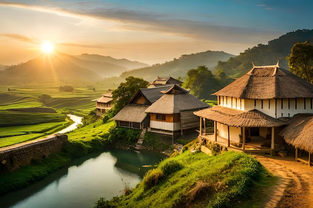 Une vue de lever de soleil d'un village dans la jungle