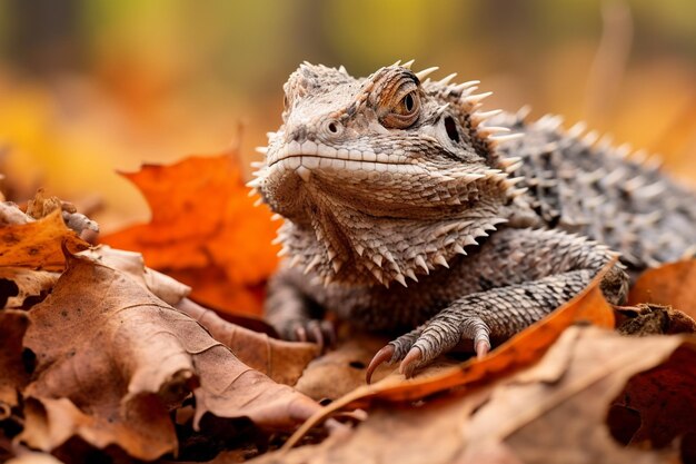 Vue d'un lézard sur une feuille sèche