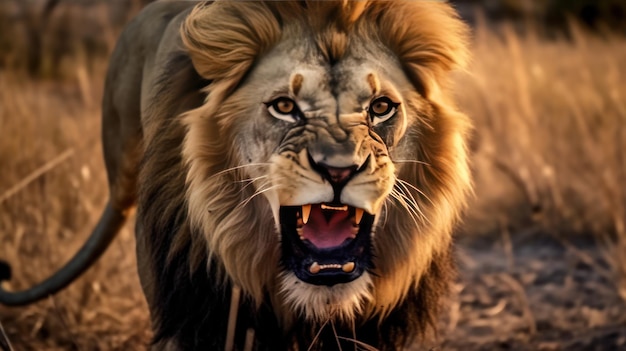 une vue d'un lion en colère sur le fond de la savane