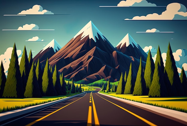 Une vue lointaine d'une route menant à des montagnes et des forêts