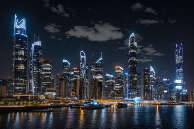 vue des lumières de la ville et des gratte-ciel la nuit générée par l'IA