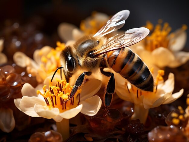Photo vue macro d'une abeille qui recueille sans relâche le nectar de diverses fleurs