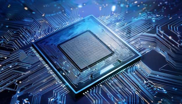Vue macro d'une carte de circuit électronique futuriste montrant des micropuces et des processeurs