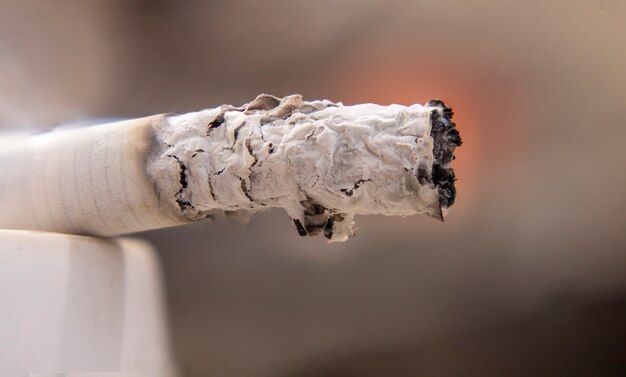 Vue macro d&#39;une cigarette allumée avec de la fumée.