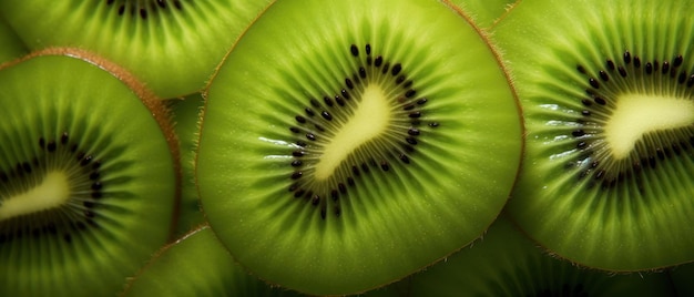 Vue macro détaillée de la pulpe juteuse de kiwi mettant en valeur sa teinte verte luxuriante et ses motifs de graines AI Generative