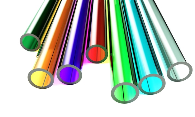 Vue macro de l'ensemble de tubes en plastique acrylique transparent de couleur isolé sur fond blanc avec effet de mise au point sélective rendu 3d