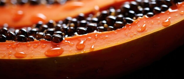 Vue macro de la papaye mettant en valeur ses textures complexes et le contraste entre les graines et la chair AI Generative