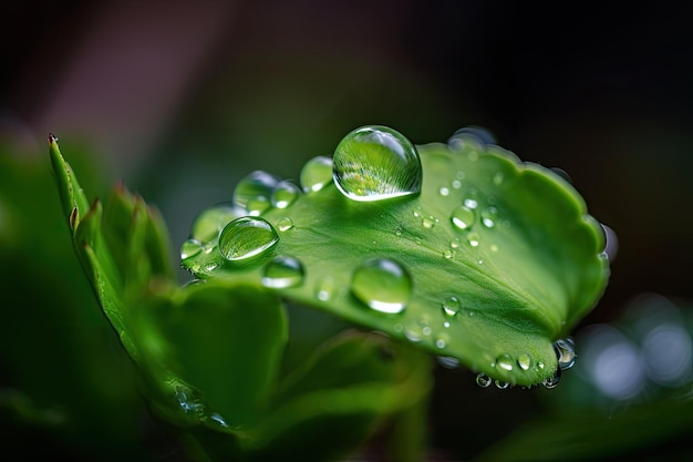 Vue macro d'une plante verte dans une goutte d'eau avec un arrière-plan flou créé avec une IA générative