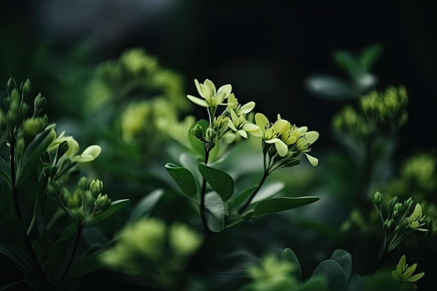 Vue macro de plantes vertes fleurissant avec des fleurs délicates créées avec une IA générative