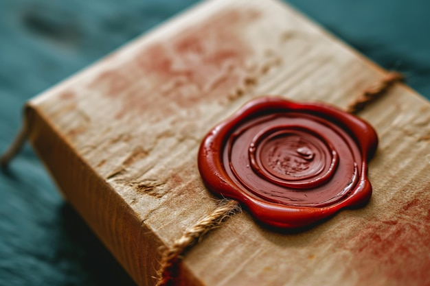 Photo vue macro d'un timbre à cire sur le couvercle d'une petite boîte à cadeaux en carton