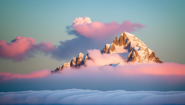 Une vue magique et enchanteuse d'un sommet de montagne avec des nuages