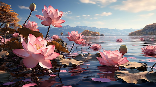 Vue d'un magnifique lac avec des milliers de fleurs de lotus roses