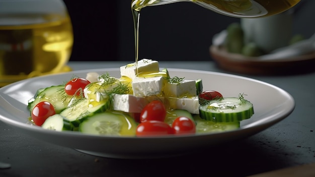 Vue d'une main versant de l'huile d'olive dans un plat blanc assiette de petit-déjeuner salade d'aliments sains