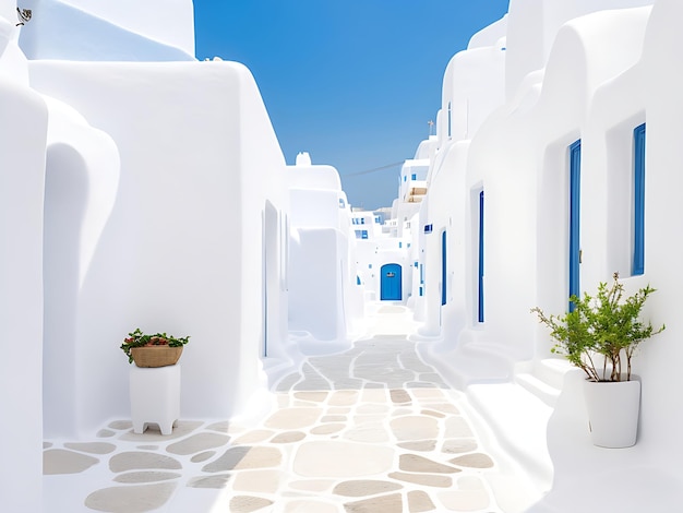 vue de la maison blanche sur les rues blanches avec des pavés de pierre